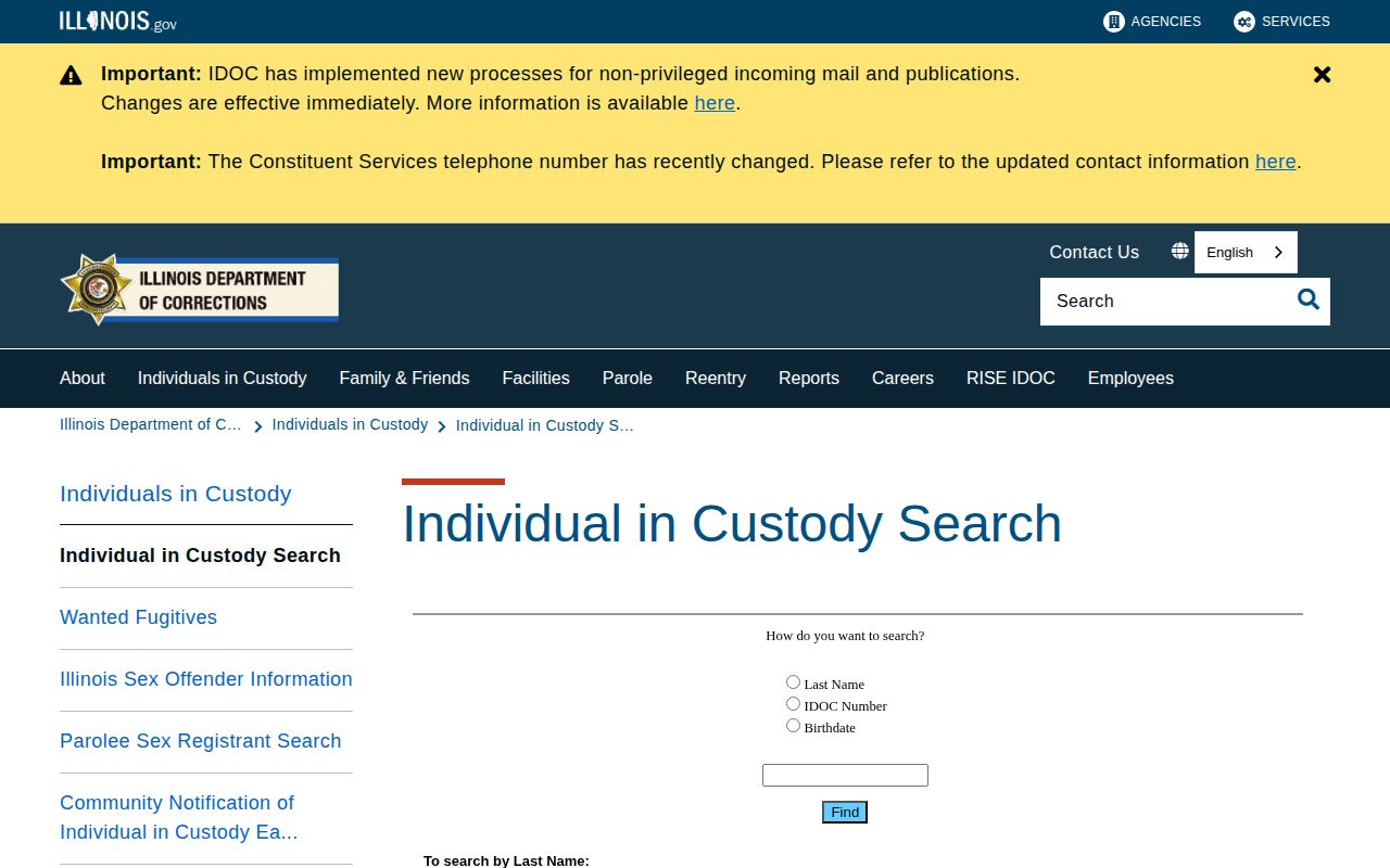 Illinois Department of Corrections Individuals in Custody search